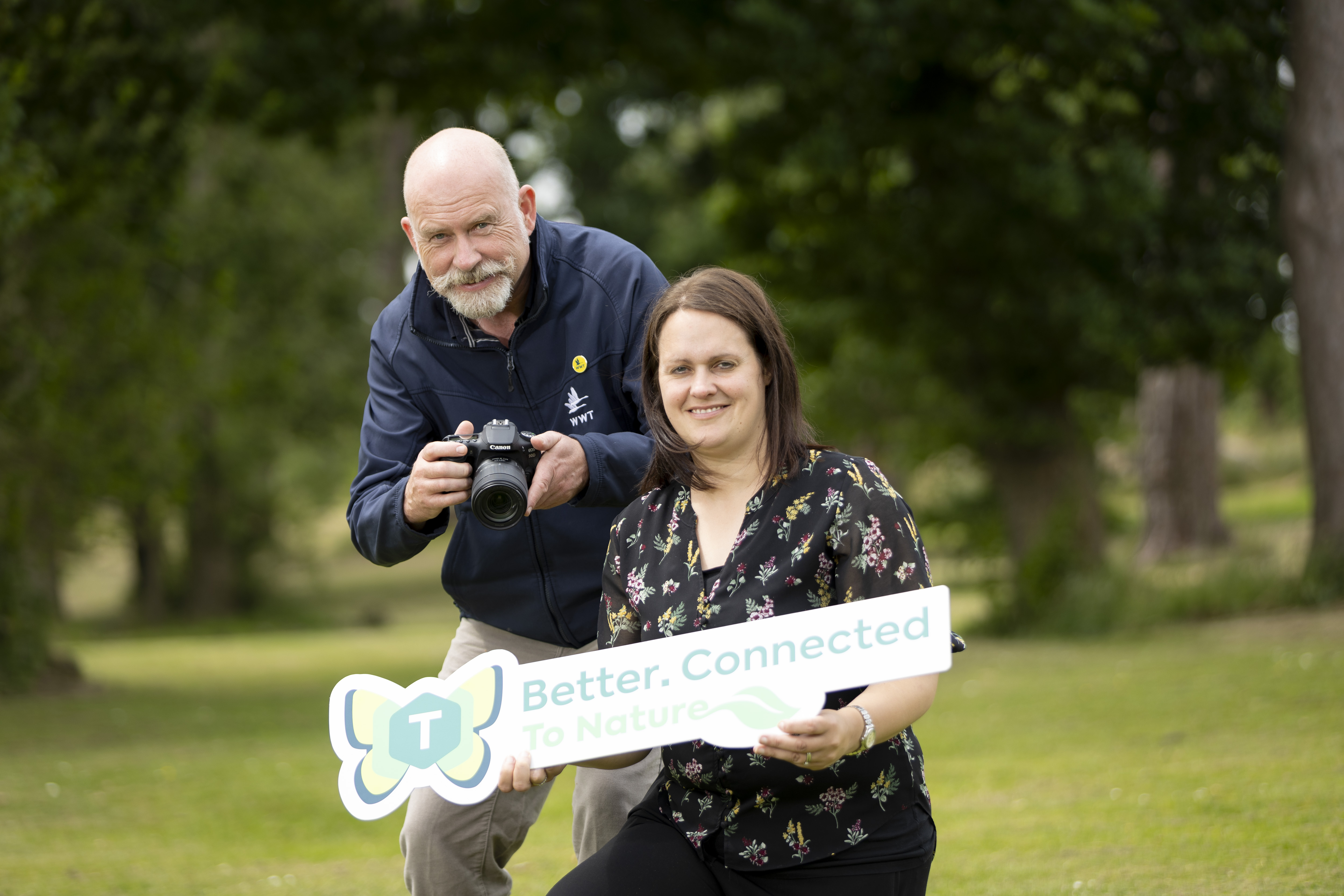 Photo showing Paul Stewart, Centre Manager at WWT Castle Espie, and Suzanne Stewart, Biodiversity Manager at Translink