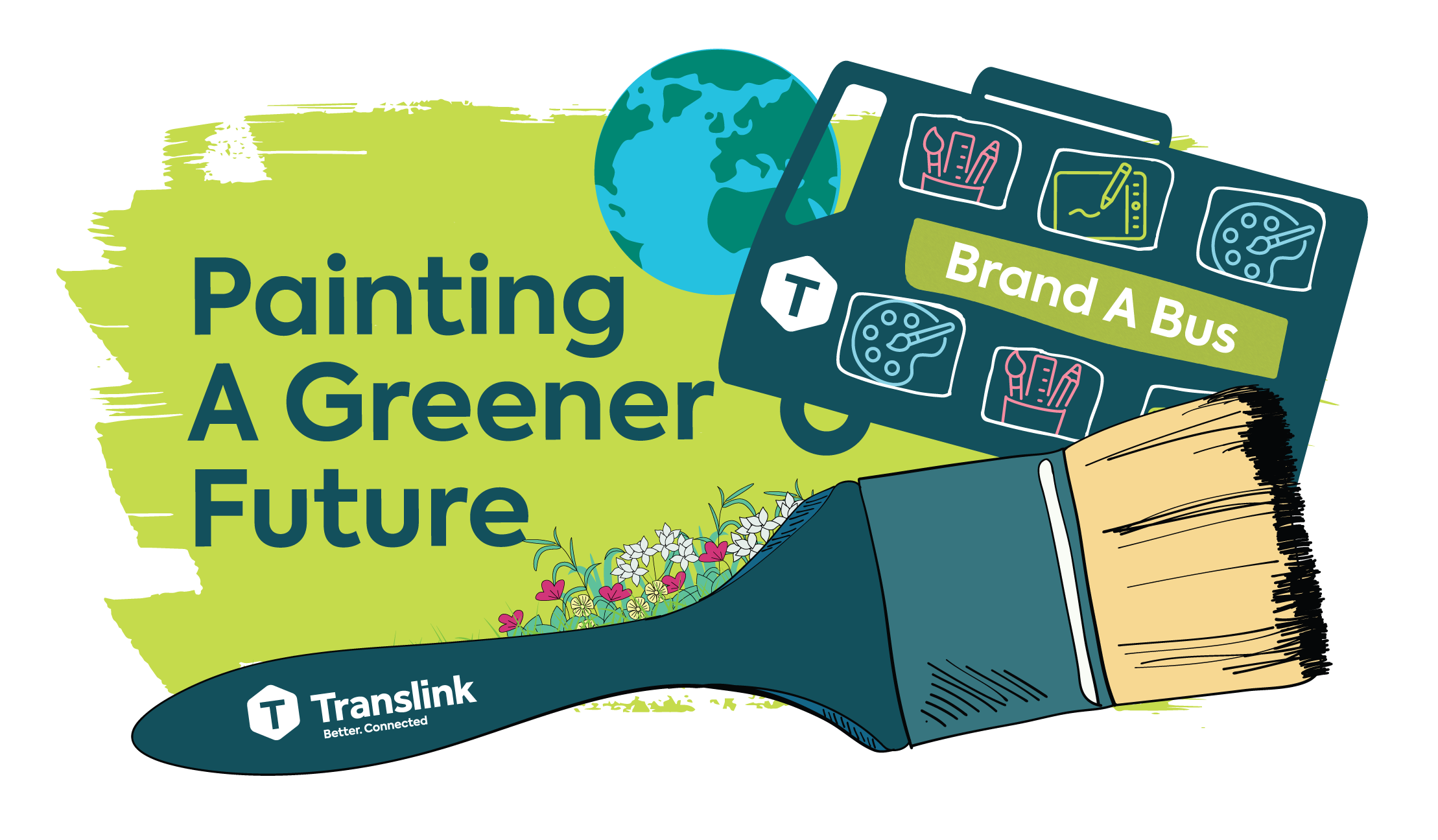 The logo for the Brand a Bus competition, showing a paint brush on a green background with text saying 'Painting a greener future'