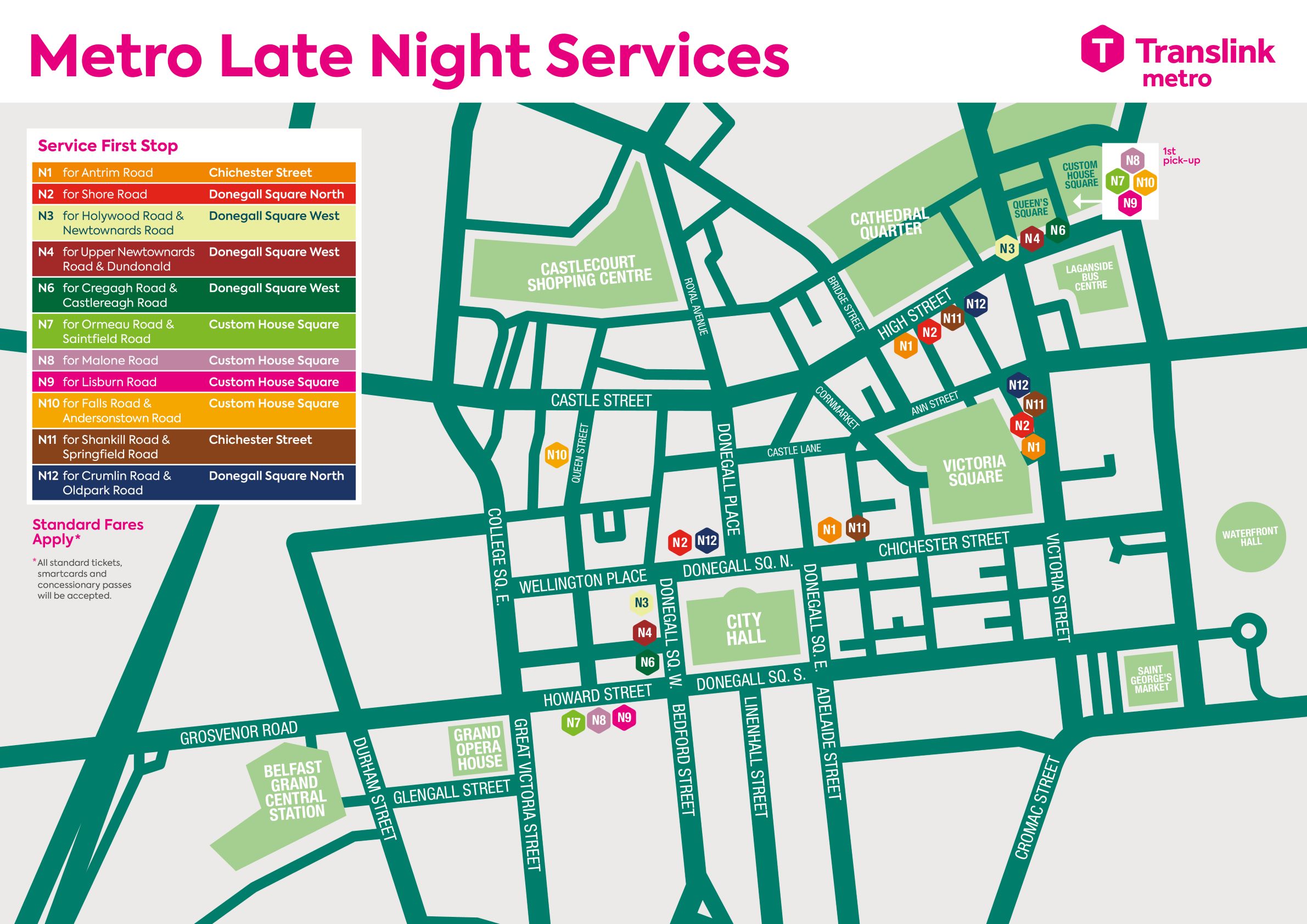 A map showing departure points in Belfast city centre for Late Night Services 