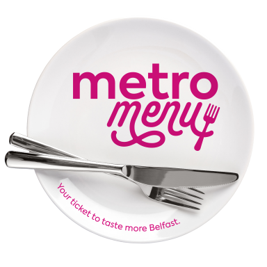 An icon showing a white plate with a knife and fork with text saying Metro Menu