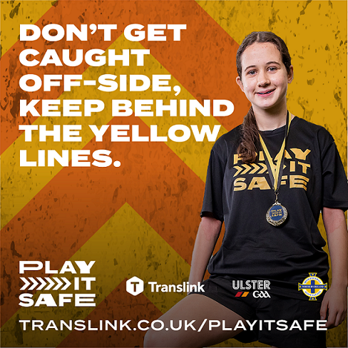 A teenage girl wearing a medal around her neck with a caption saying 'Don't get caught off-side, keep behind the yellow lines'.