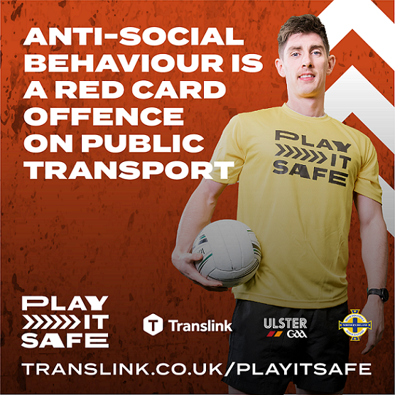 A teenage boy holding a football with a caption saying 'Anti-social behaviour is a red card offence on public transport'.