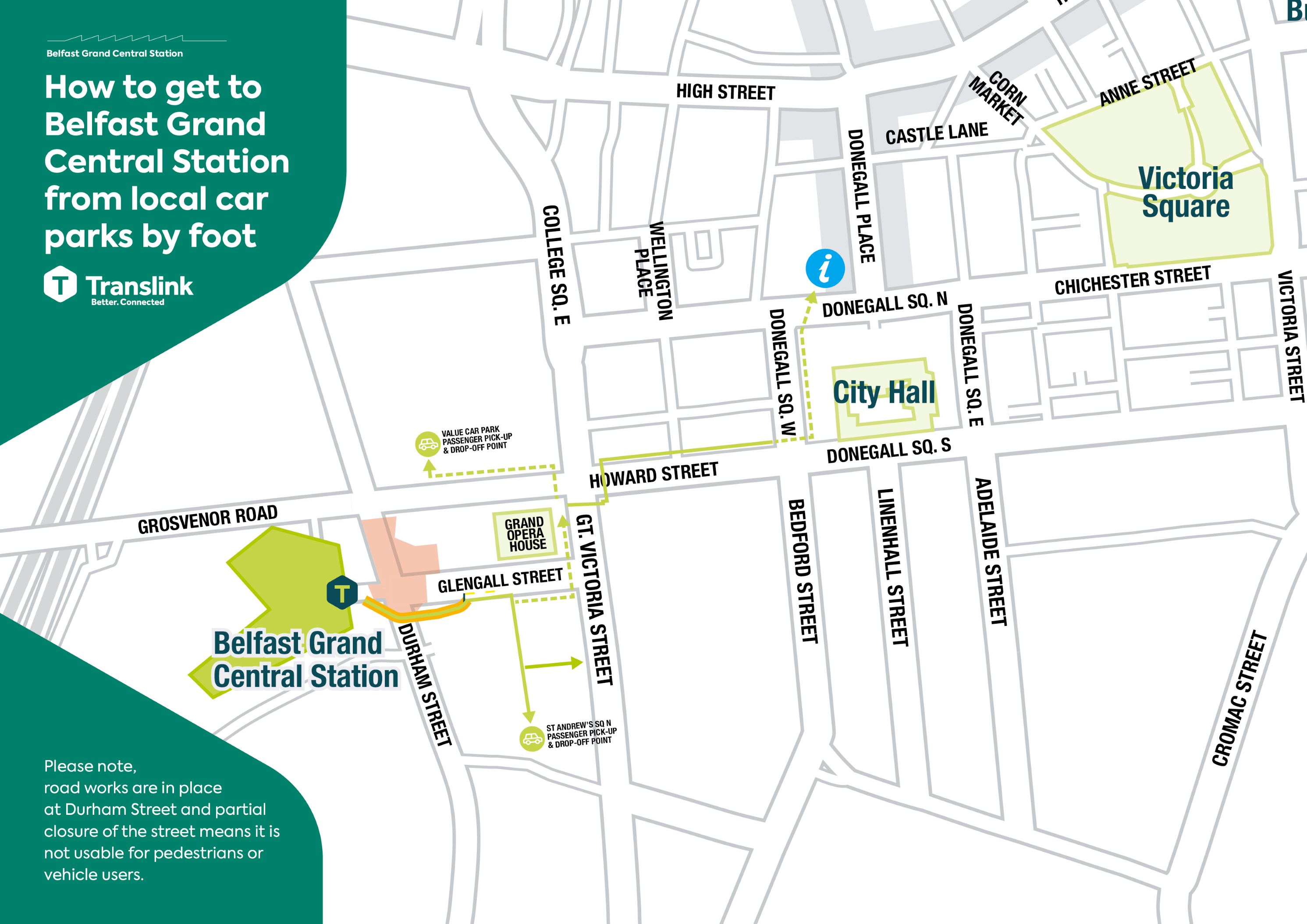 A map showing the walking routes from Glengal Street and Great Northern Car Park to Belfast Grand Central Station