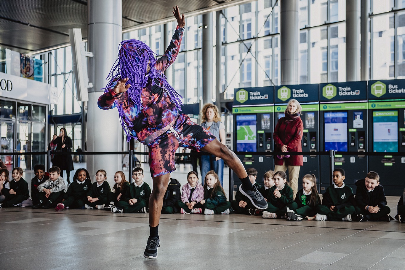 A dancer taking part in a Belfast Children's Festival event in Belfast Grand Central Station