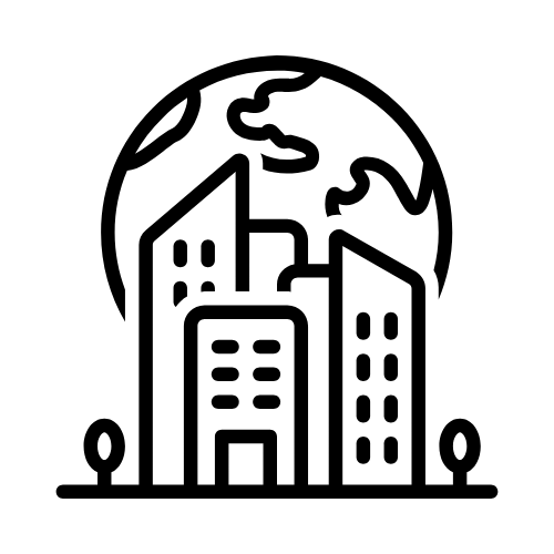 An icon showing a city skyline and a globe