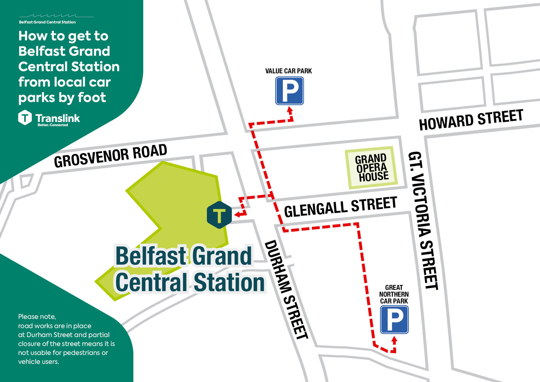 A map showing the walking routes from Glengal Street and Great Northern Car Park to Belfast Grand Central Station