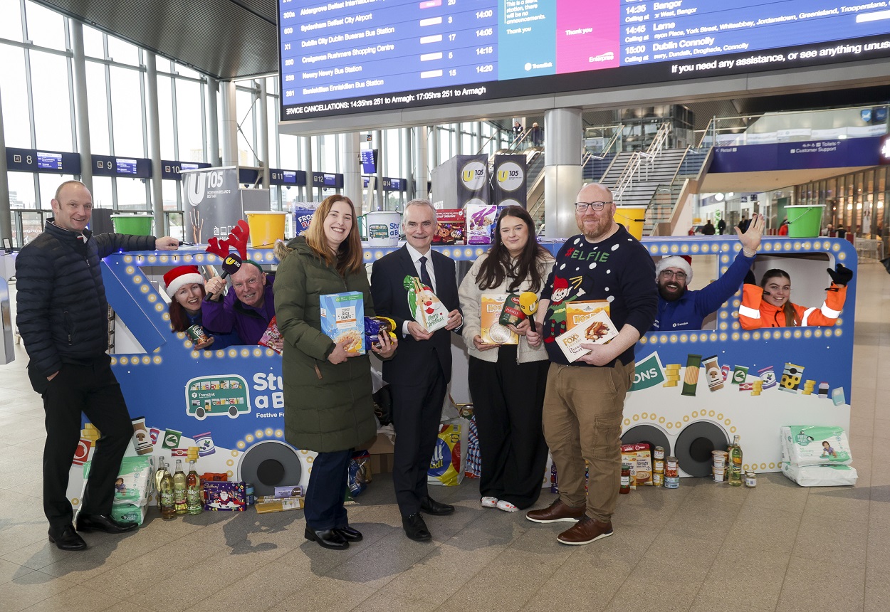 Translink staff at Belfast Grand Central Station collecting donations for Translink's annual Stuff a Bus campaign