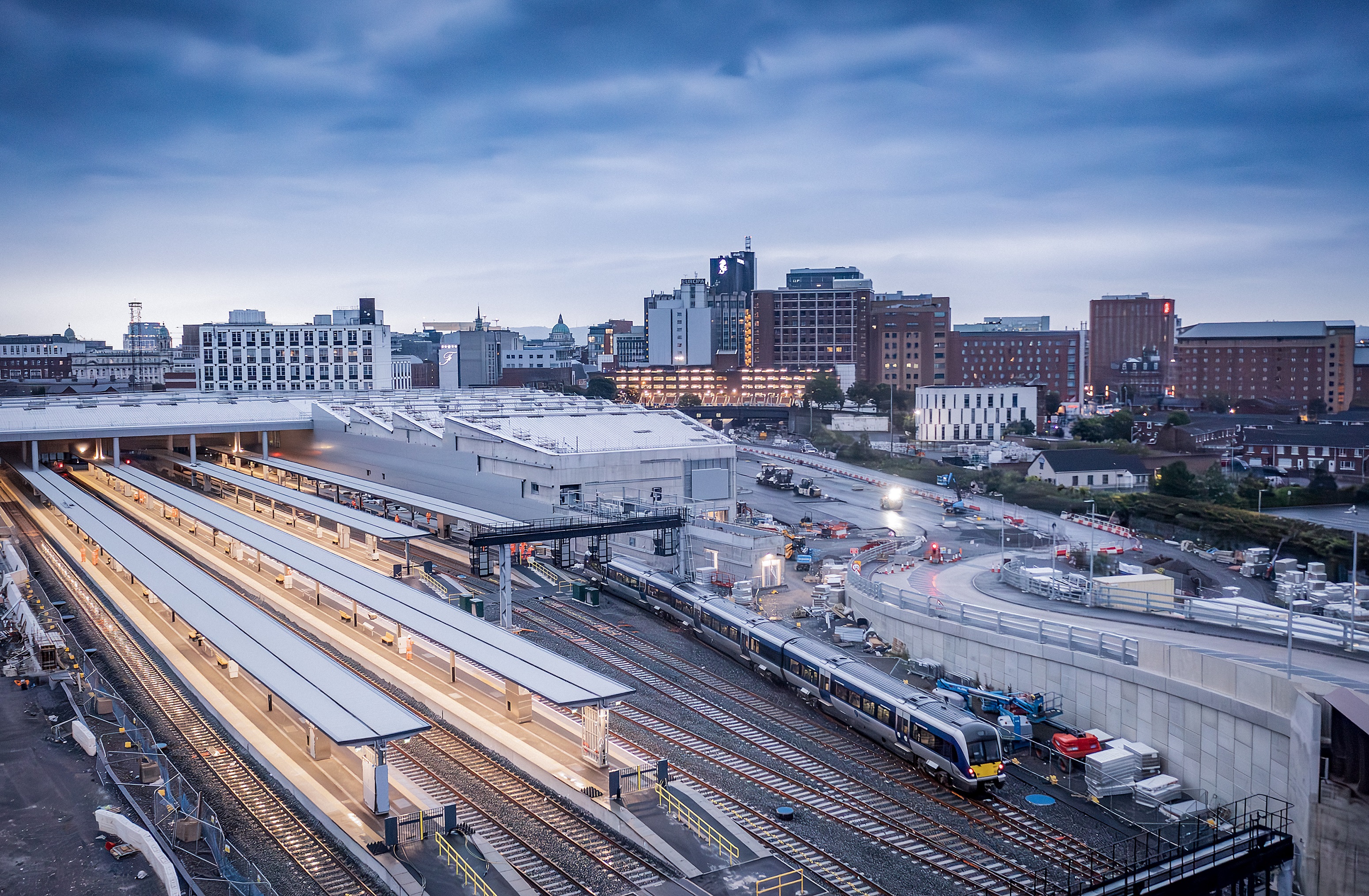 An aerial view of the train lines leaving Belfast Grand Central Station
