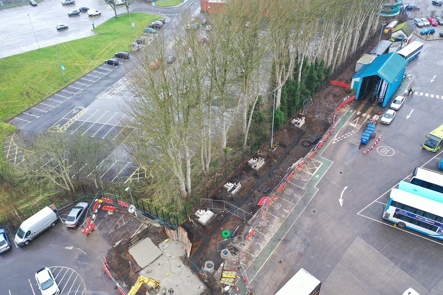 An aerial view of the bus charging stations under construction