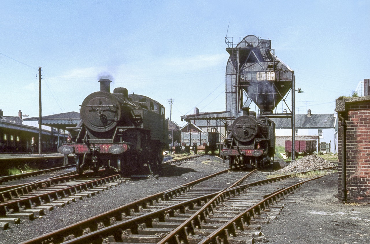 A photo showing two steam trains in Coleraine in 1968
