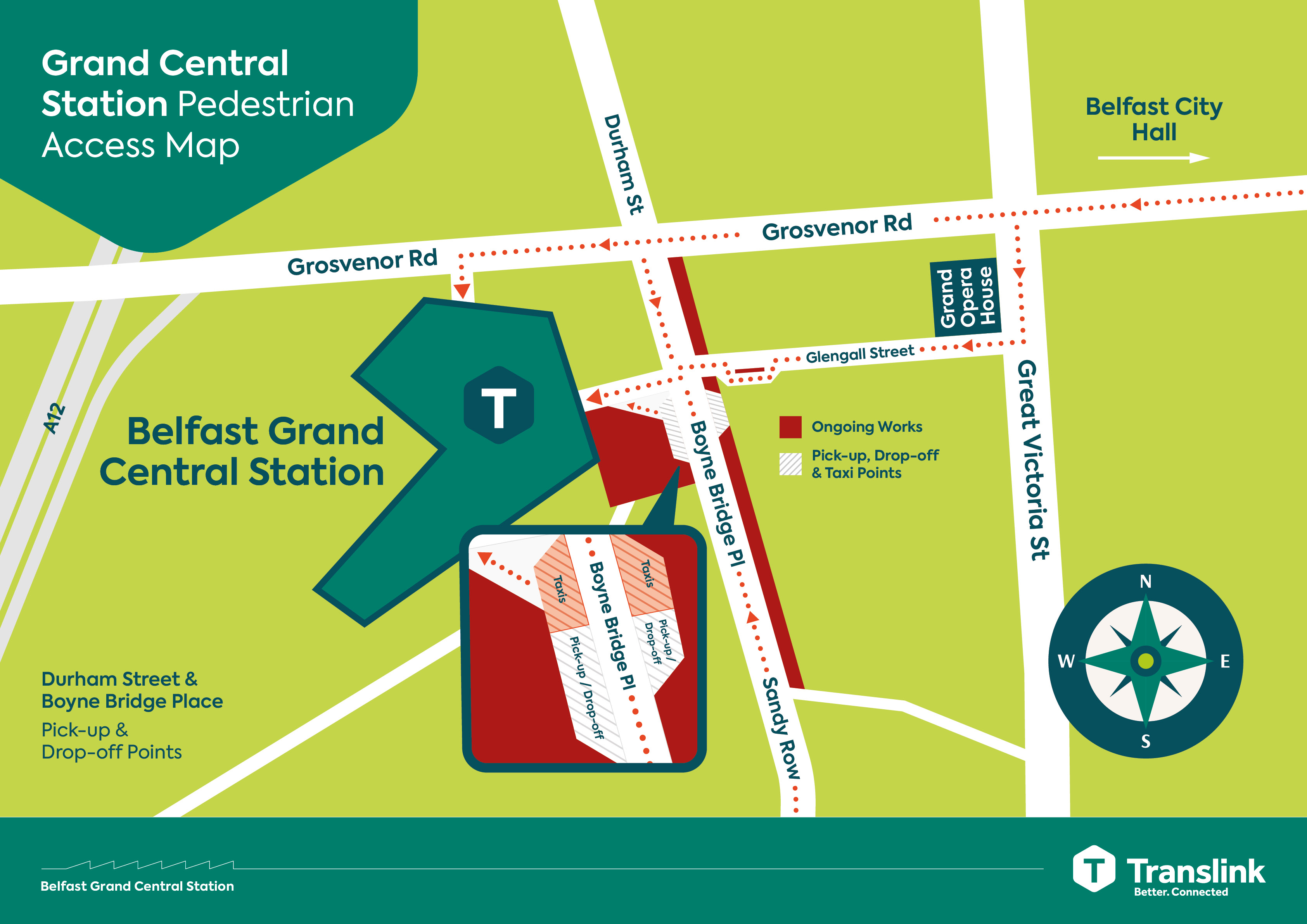 A map showing pick up and drop off points and areas where works are continuing at Belfast Grand Central Station 