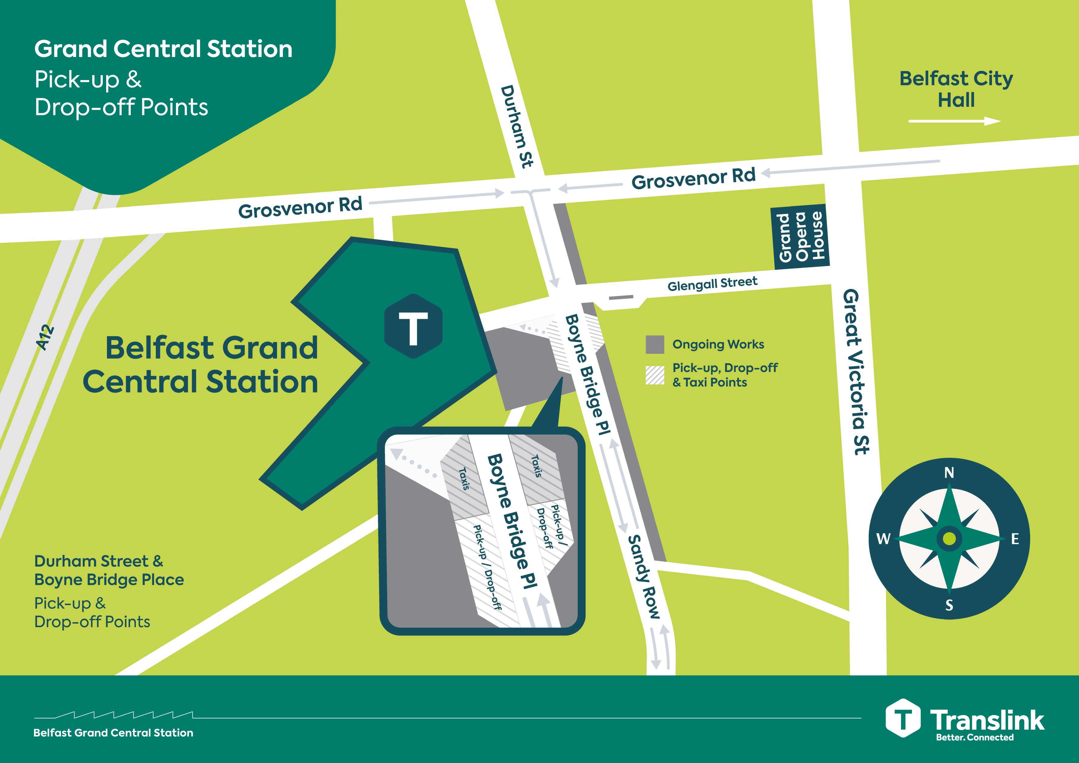 A map showing pick up and drop off points and areas where works are continuing at Belfast Grand Central Station 