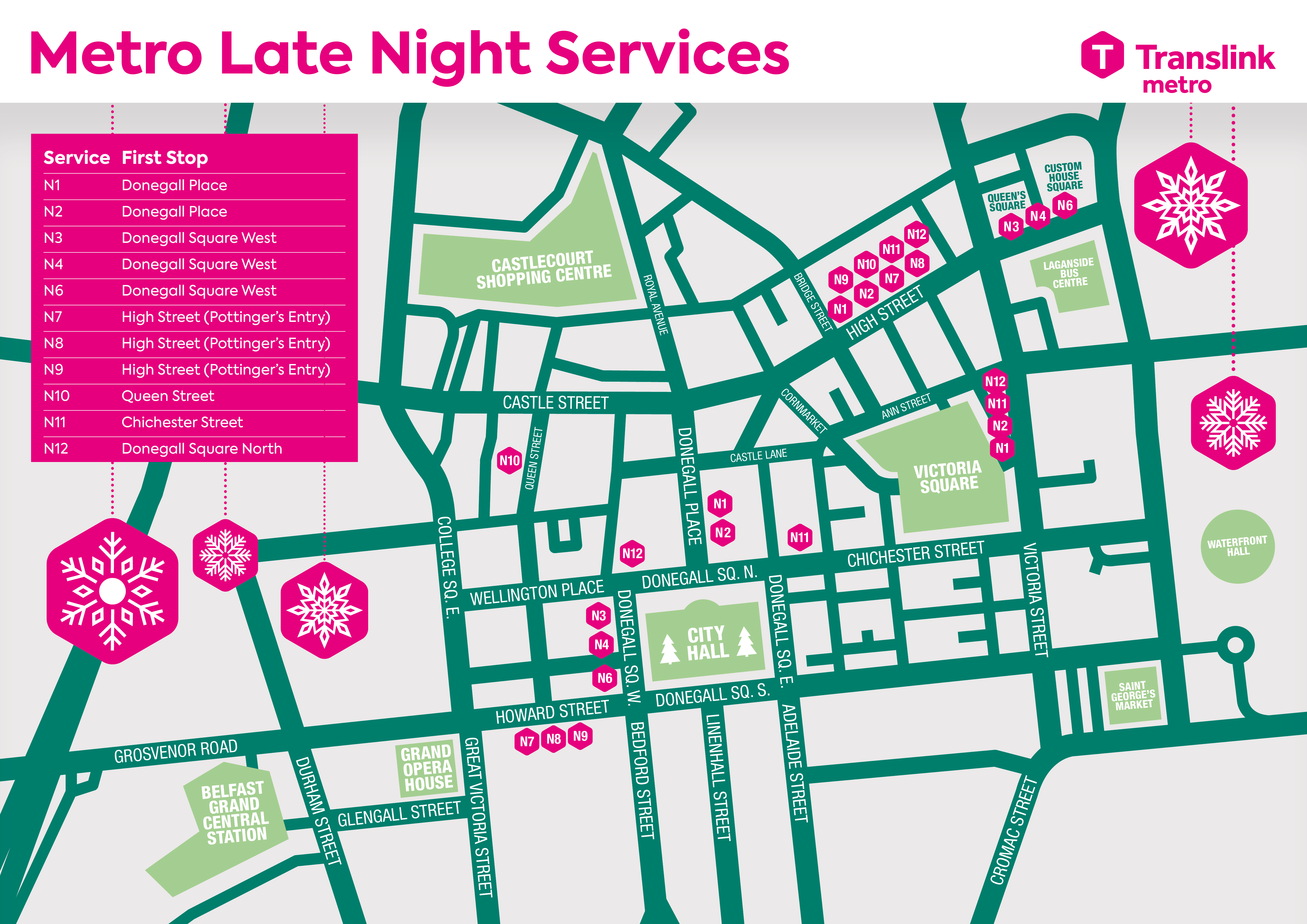 A map showing pick up points for late night services in Belfast