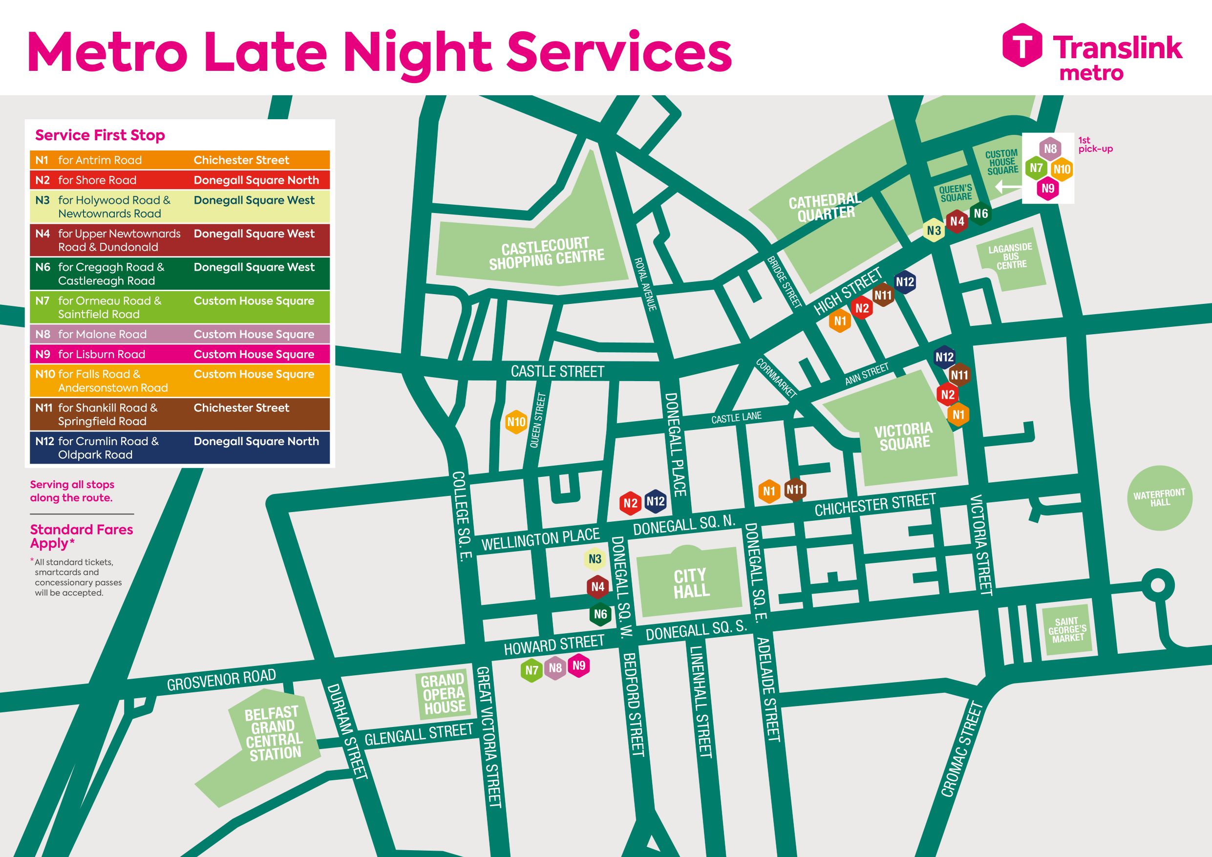A map showing departure points in Belfast city centre for Late Night Services 