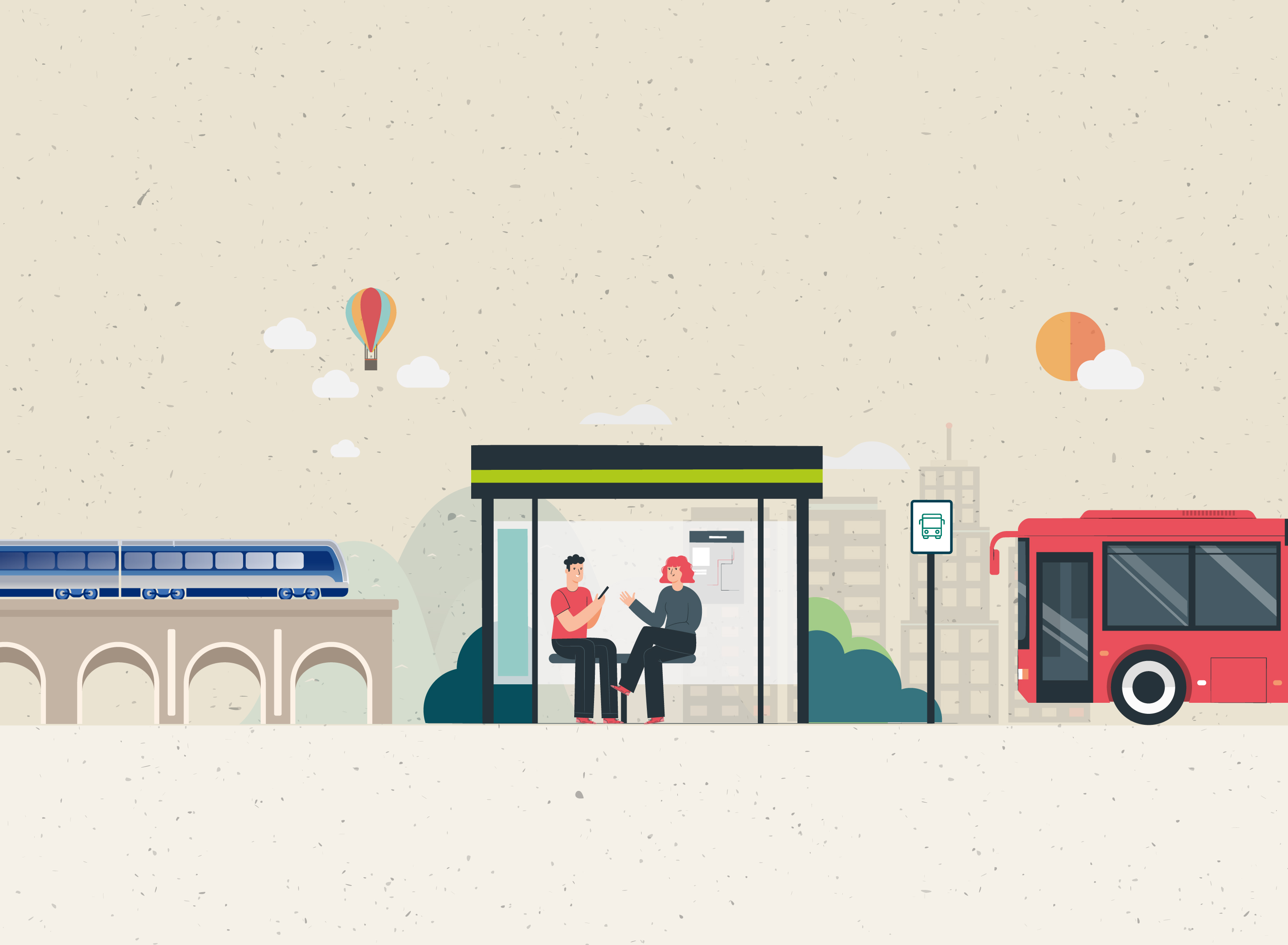 Graphic people at a bus stop with a bus and train in the background